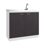 Napoles Utility Sink with Faucet Inclued and Integrated Stainless Steel Counter top, Freestanding cabinet with two doors, Metal Handles and Two interior shelves, Black & White Print