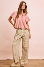 BiBi Stripes Textured Shirred Neckline Bubble Hem Top