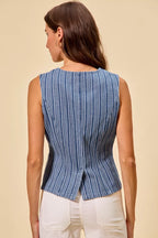 SO ME Stripe Slim Fit Button Front Denim Vest Top