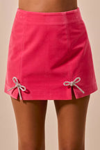 SO ME Rhinestone Ribbon Velvet Skirt