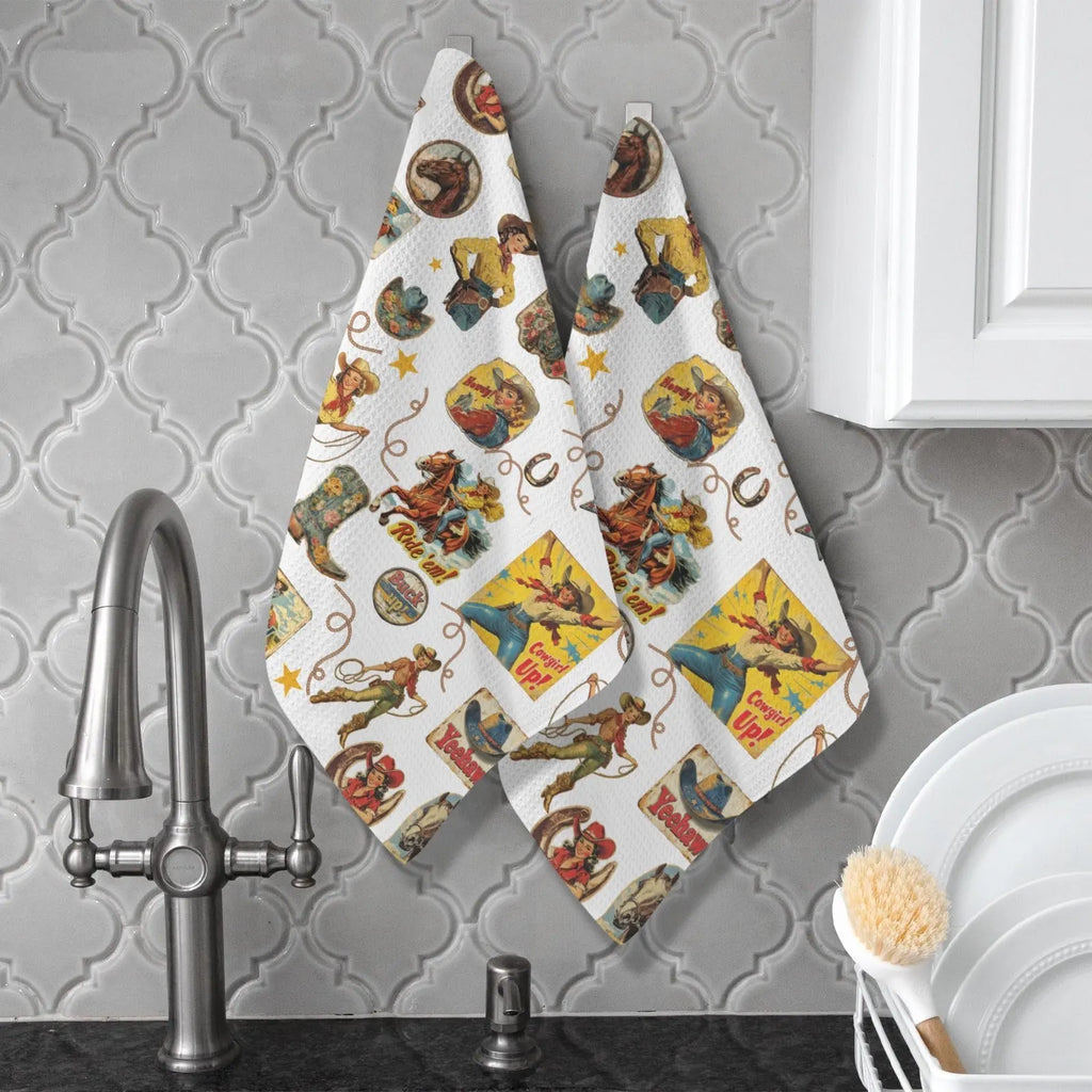 Vintage Cowgirl Collage Dish Towels Set of 2 Made in America Baha Ranch Western Wear