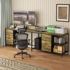 Industrial L-Shaped Computer Desk with Power Outlets & USB-C, Rustic Brown Metal Frame, 6 Fabric Drawers, 3 Open Shelves, Movable Monitor Stands, 114 Inch Corner Office Desk for Gaming and Work
