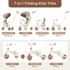 7 in 1 Baby Tricycle, Foldable Toddler Tricycle with Removable and Adjustable Parent Handle, Toddler Push Bike with Removable Pedal, Canopy, and Guardrail, Tricycle for 12-72 Months, ivory and brown