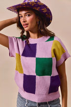 SO ME Mardi Gras Check Plaid Casual Sweater Top