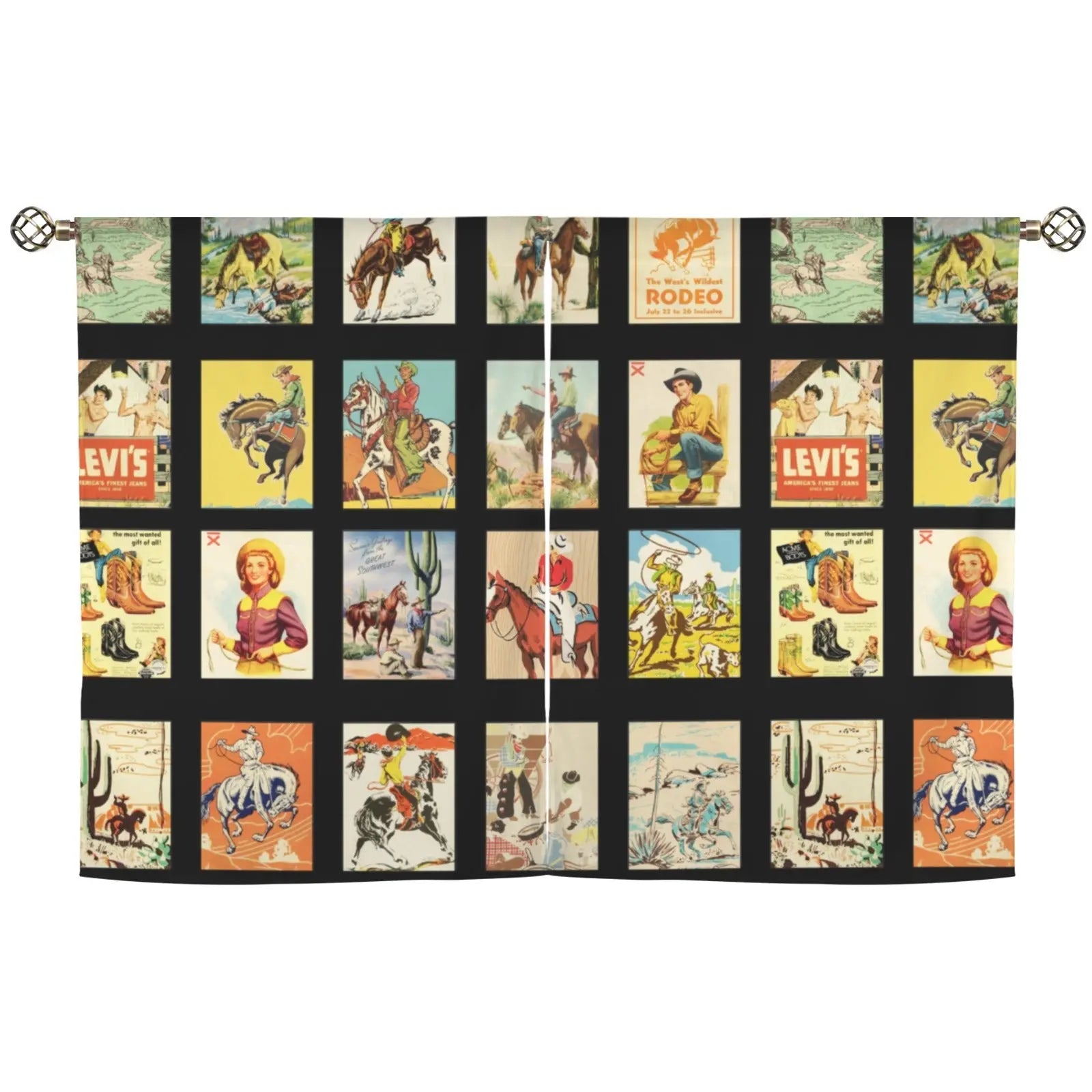 Vintage Western Collage Window Curtains 28"x40" (2-Piece)Made in America Baha Ranch Western Wear