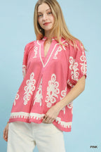 Umgee Boho Print Split-Neck Short Sleeve Top
