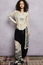 POL Round Neck Long Sleeve Exposed Seam Top with Lace Detail