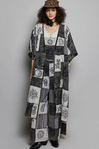 POL Open Front Printed Patchwork Longline Cardigan