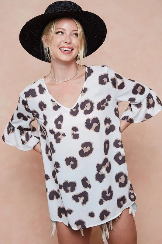 BiBi Leopard Printed V Neck Woven Top with Ruffled