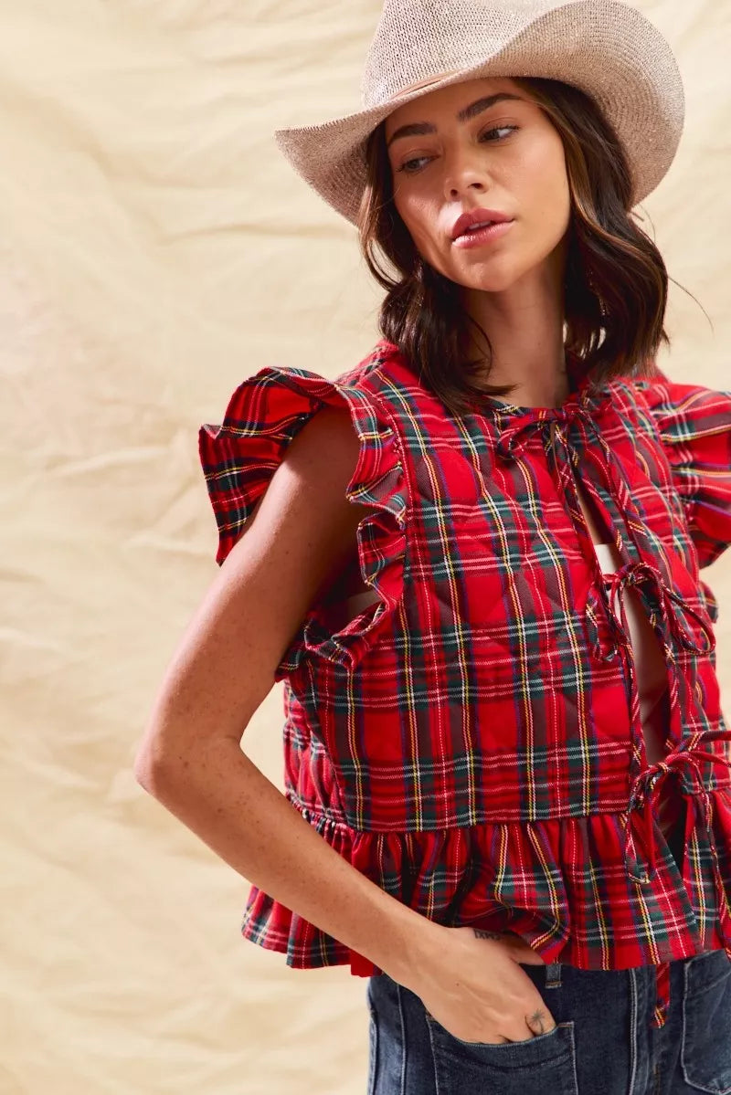 SO ME Christmas Holiday Plaid Ruffled Quilt Vest Top