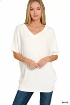 Zenana Raised Rib V-Neck Batwing Top