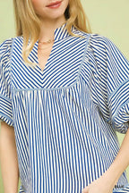Umgee Striped Puff Sleeve Babydoll Top