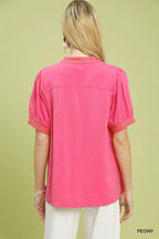Umgee Embroidery Linen Puff Sleeve Blouse