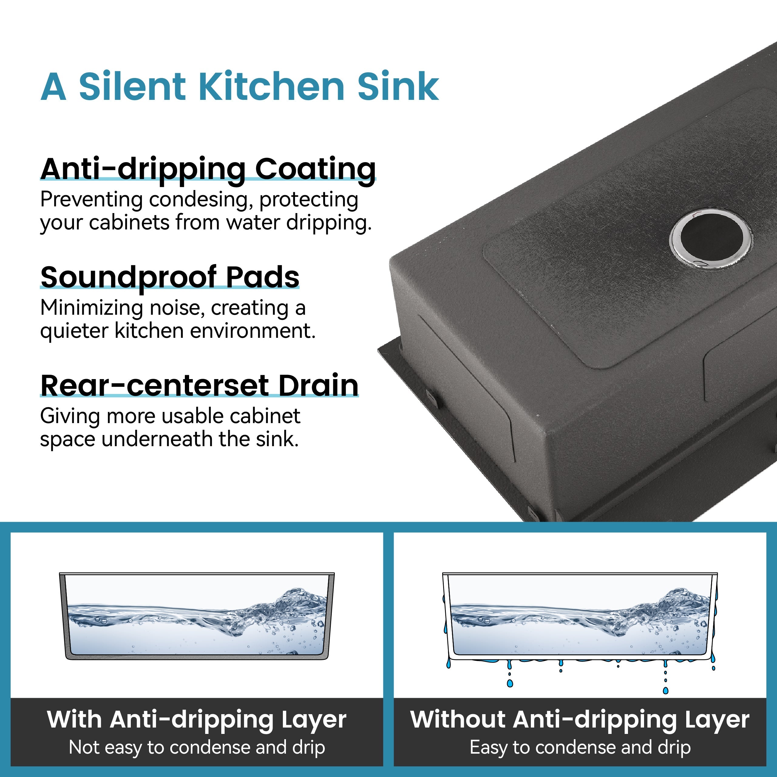 Kitchen Sink 33'x19' Multifunctional undermount Flying Rain Waterfall S304 Stainless Steel Handmade Modern Single Bowl Kitchen Sink Black