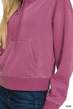 Zenana Fleece Pigment Dye Half Zip Kangaroo Pocket Hoodie