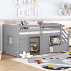 TWIN BED, SOLID WOOD TWIN SIZE LOW LOFT BED WITH STAIR, DRAWER, AND SHELF OF GREY COLOR