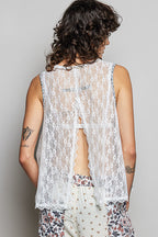 POL Printed Woven Lace Back Round Neck Sleeveless Top