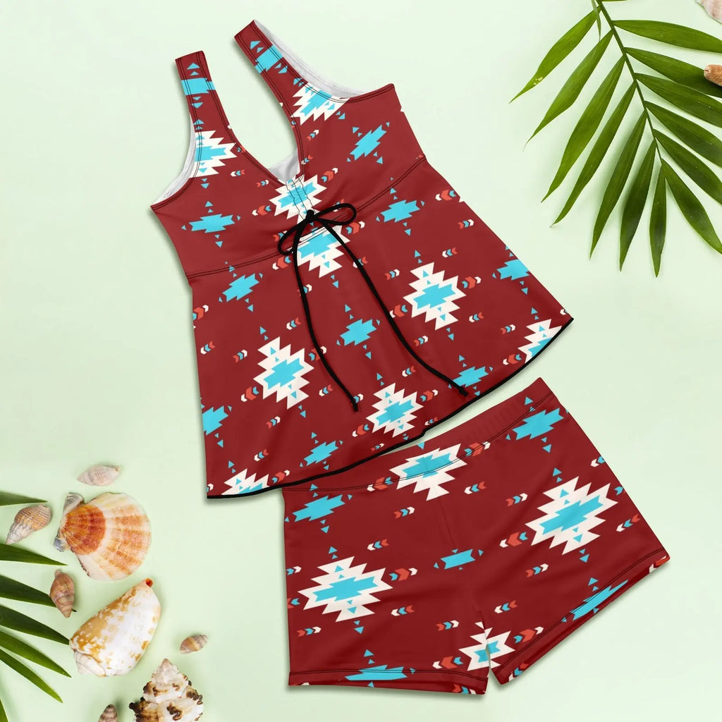 Baha Ranch Burgandy Aztec Tankini & Boy Shorts Swim Set Baha Ranch Western Wear