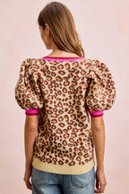 BiBi Leopard Pattern Puff Sleeve V-neck Sweater Top