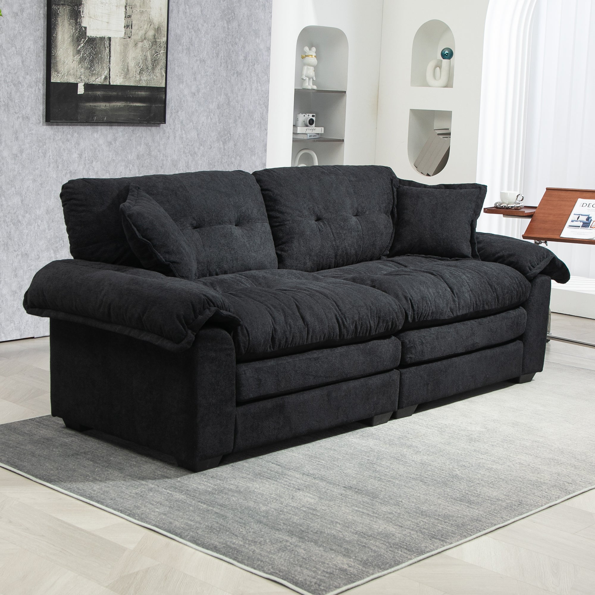 84' Chenille Sofa Small Sofa Loveseat Deep Seat Sofa Couch with 2 Throw Pillows & Memory Foam for Living Room Apartment Office Lounge-Black