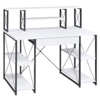White and Black Office Desk with Open Shelves and Hutch