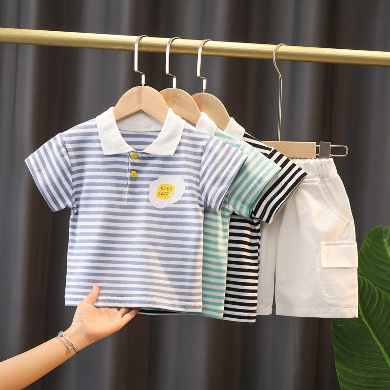 Boys' Summer Cute Stripes Solid Color Short-sleeved Shorts Two-piece Set