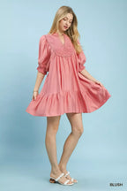 Umgee Smocked Bib Ruffle Hem Babydoll Dress