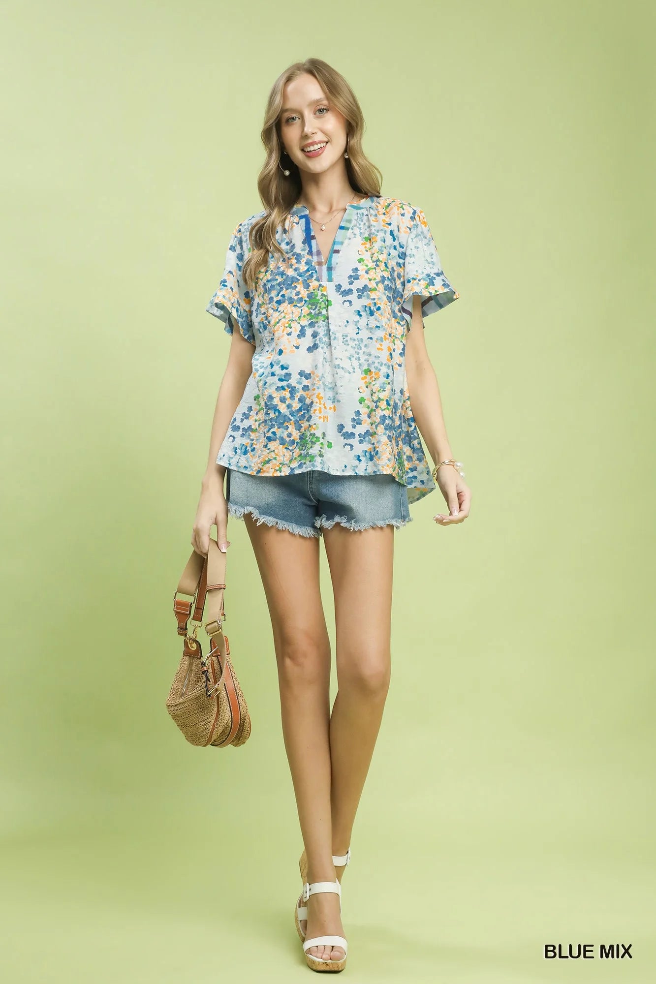 Umgee Mix Media Flutter Sleeve Blouse