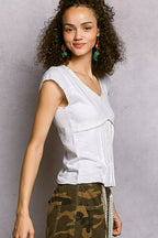 POL V-Neck Lightweight Textured Short Sleeve Knit Top with Lace Trim