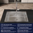 Stainless Steel Kitchen Sink, 30″x19″ Single Bowl, Overmount Handmade Sink in Brushed Nickel, with US Standard Drain and Hook, LS-SSBR04