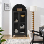 A high arched storage cabinet with a lamp, a modern retro-style wooden storage cabinet with adjustable glass partitions, suitable for use as a multi-functional cabinet in kitchens-Black