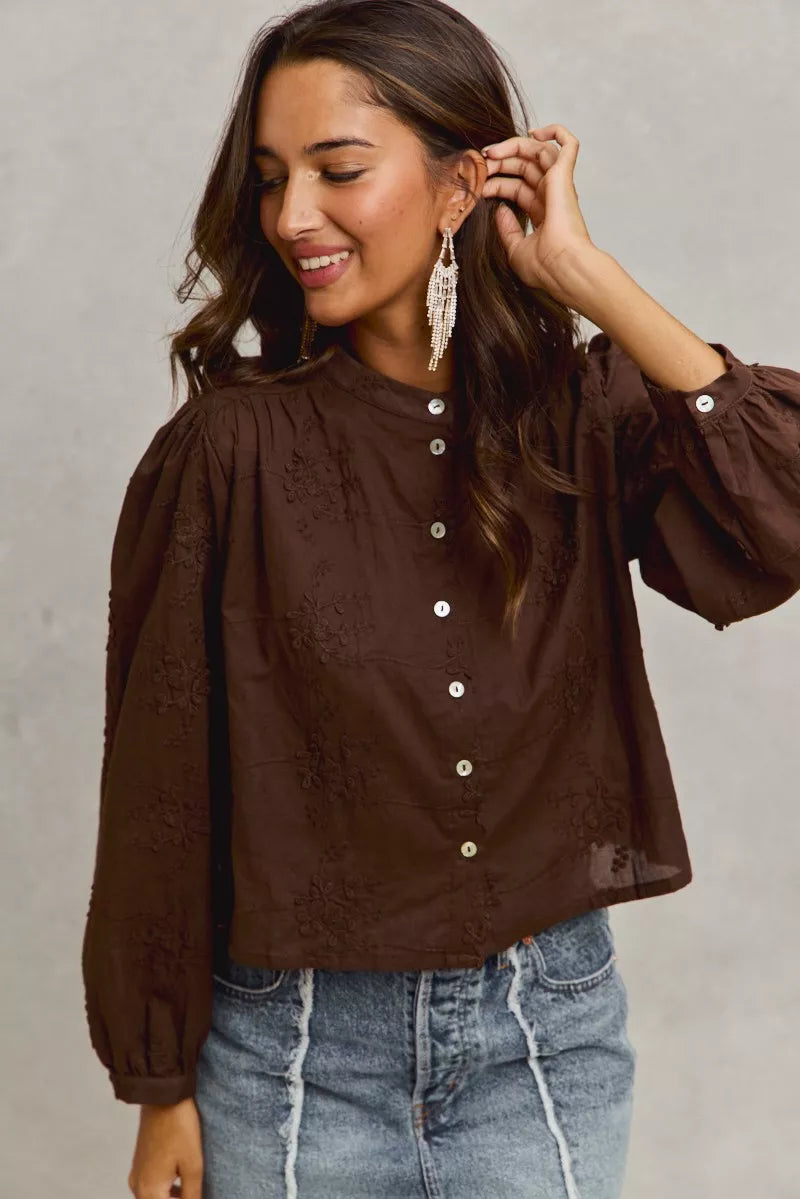 SO ME 3d Floral Woven Long Sleeve Front Button Shirt
