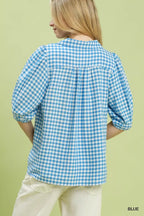 Umgee Gingham Puff Sleeve Collared Blouse
