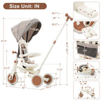 7 in 1 Baby Tricycle, Foldable Toddler Tricycle with Removable and Adjustable Parent Handle, Toddler Push Bike with Removable Pedal, Canopy, and Guardrail, Tricycle for 12-72 Months, ivory and brown