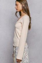 POL V-Neck Long Sleeve Ribbed Top with Lace-Accent Neckband