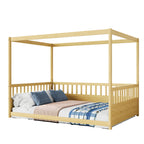 Full Size Canopy Bed Frame with Guardrails for Kids,Floor Bed Full with Four Poster Design,Kids Montessori Floor Bed,Wood Canopy Bed Frame for Girls,Boys(Full,Natural)