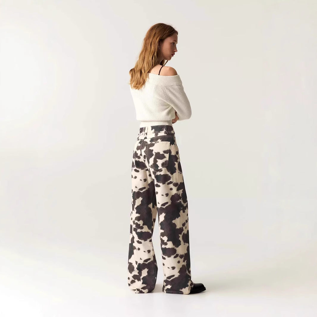 Womens Retro Washed Denim Jeans With Cow Print