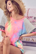 BiBi Tie Dye French Terry Top With Stripe Raglan