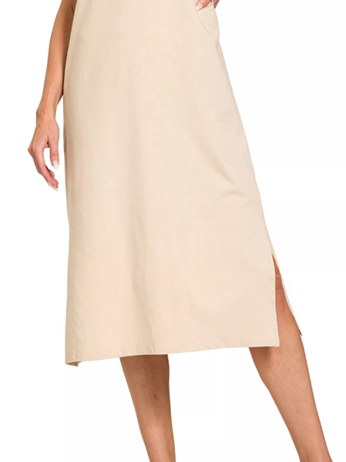Zenana Round Neck Side Slit Midi Dress