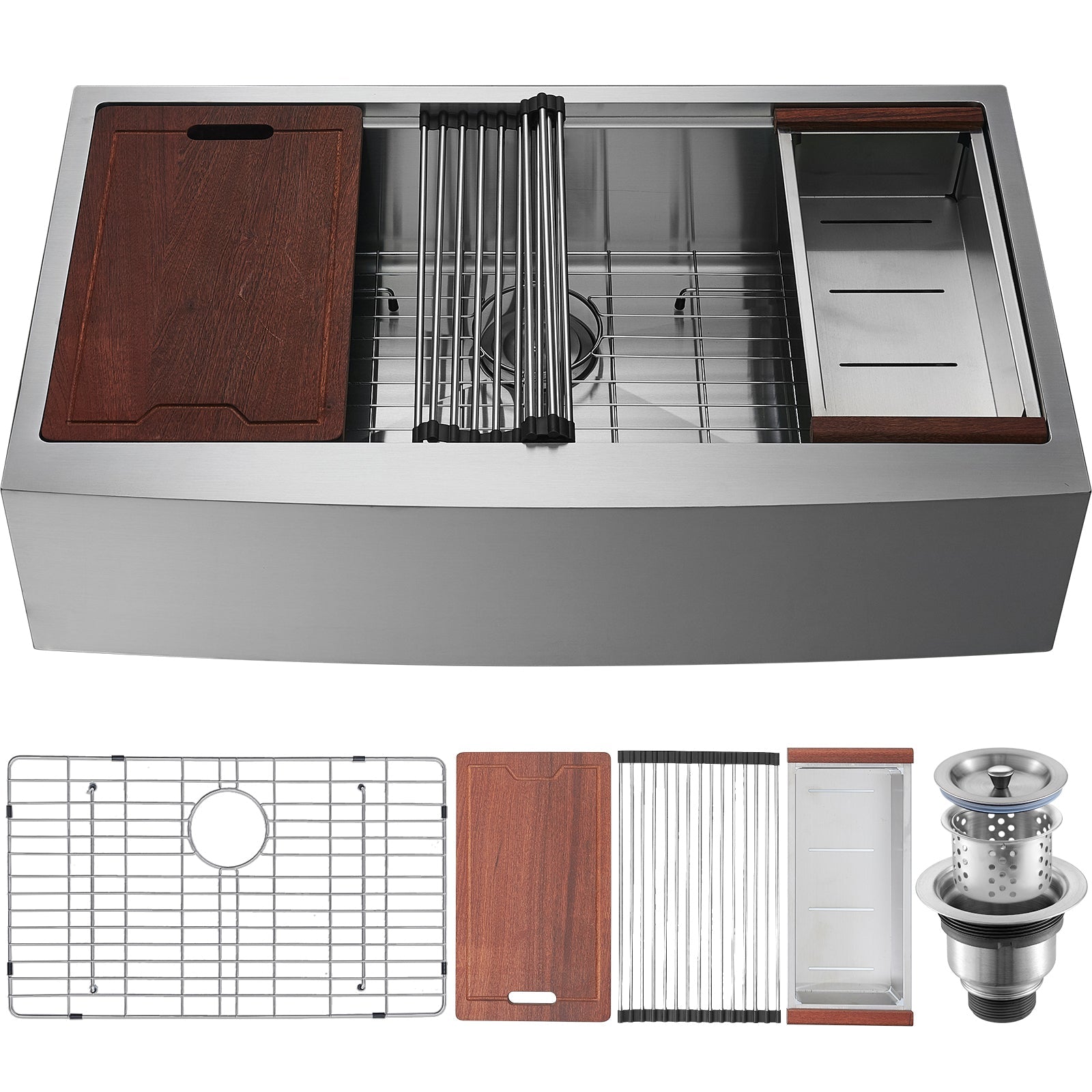 Farmhouse Kitchen Sink, 304 Stainless Steel Drop-In Sinks, Single Bowl Basin with Ledge & Accessories, Household Dishwasher Sinks for Workstation, Prep Kitchen, and Bar Sink, 33 inch