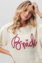 BiBi Metallic Letter Short Puff Sleeve Hairy Sweater