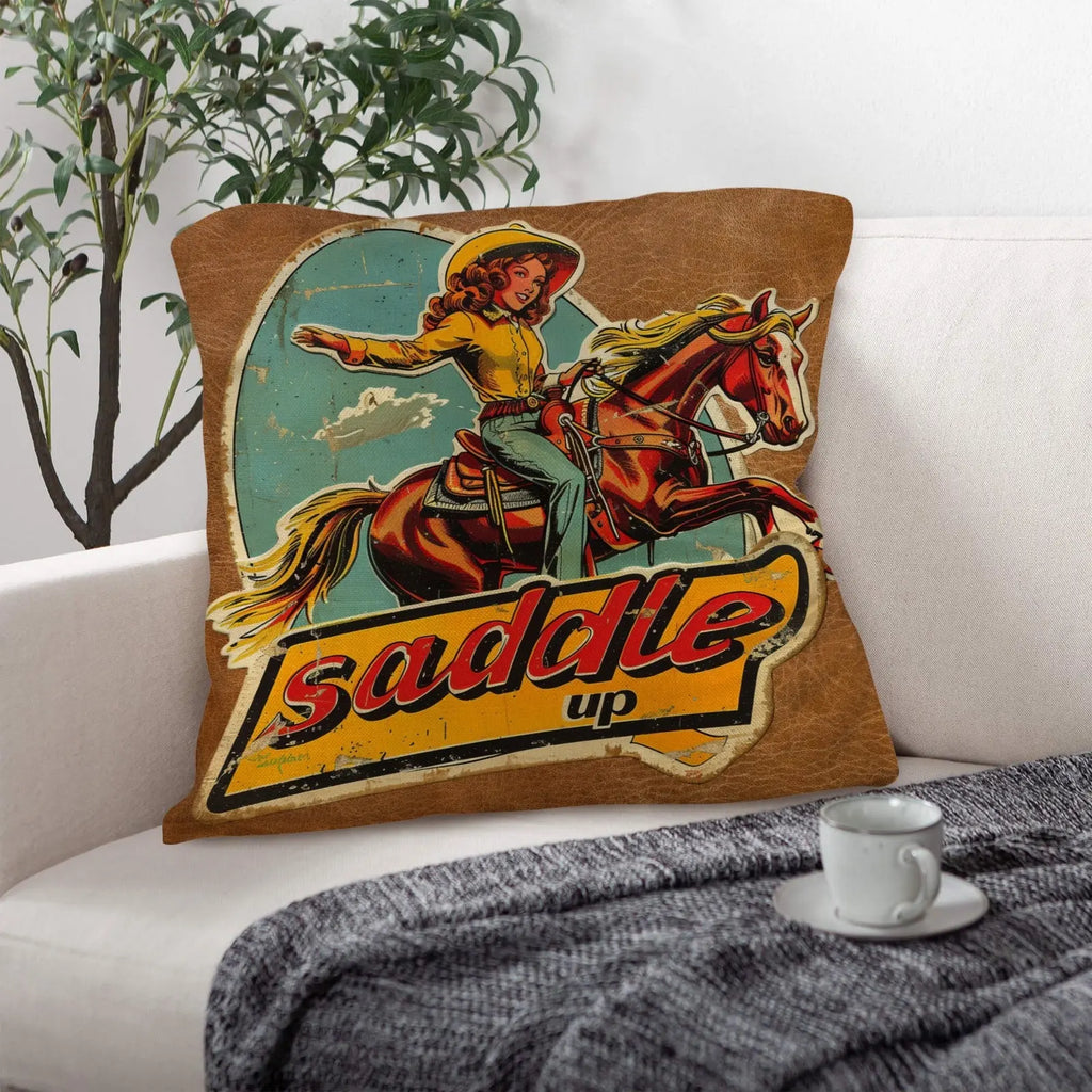 Saddle Up Vintage Cowgirl Throw Pillow Case 18x18inch Made in America Baha Ranch Western Wear