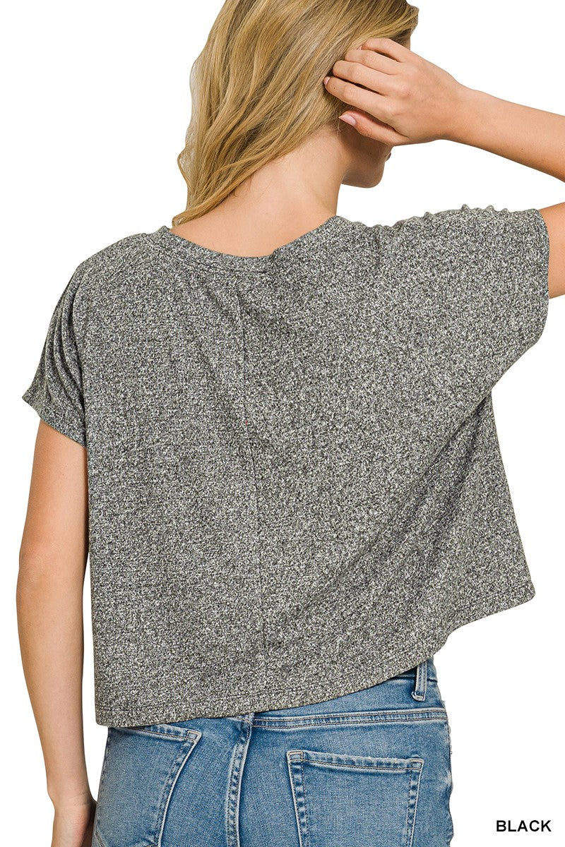 Zenana Soft Melange V-neck Drop Shoulder Cropped Top