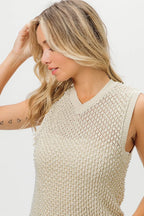 BiBi Knitted Beaded Pearl V Neck Sleveless Top