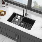 Quartz Composite Kitchen Sink Workstation Undermount 33x19 Inches Black Granite