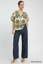 Umgee Mix Printed Puff Sleeve Top with Contrast Trim