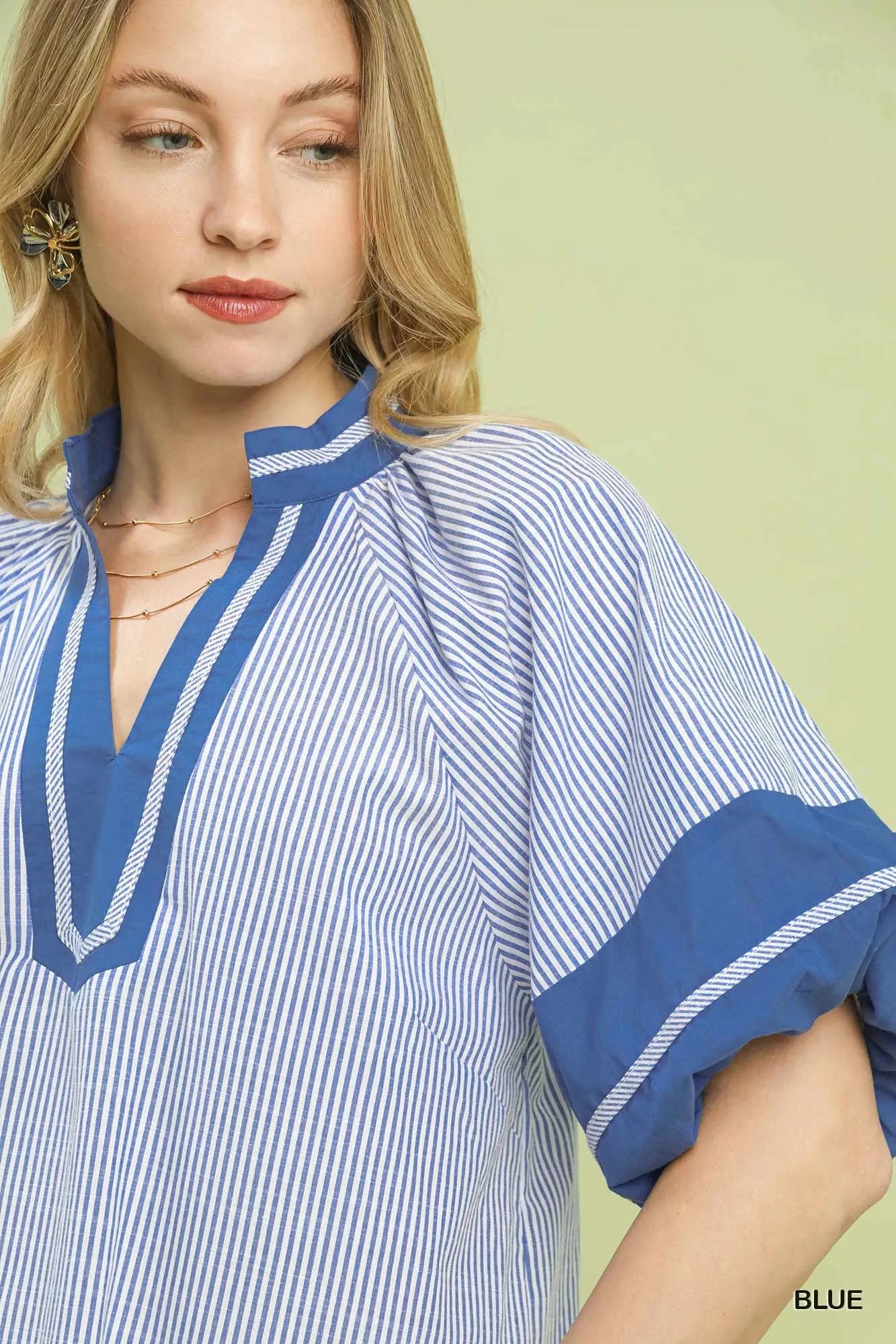 Umgee Striped Mixed Puff Sleeve Blouse