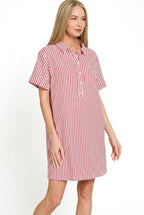 Zenana Stripe Collared Half Button Up T-Shirts Dress