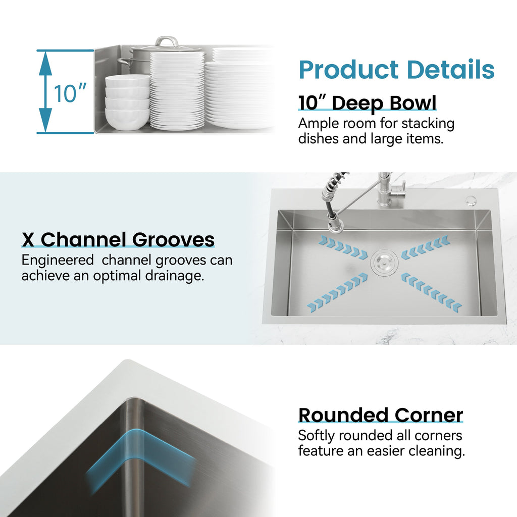 Stainless Steel Kitchen Sink, 23″x19″ Single Bowl, Overmount Handmade Sink in Dark Gray, with US Standard Drain and Hook