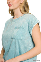 Zenana Full Size Crinkle Washed Round Neck Folded Short Sleeve Tee Plus Size